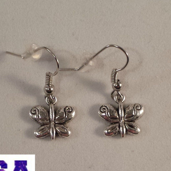 Silver Butterfly Earrings Hypoallergenic Hooks - Picture 2 of 3